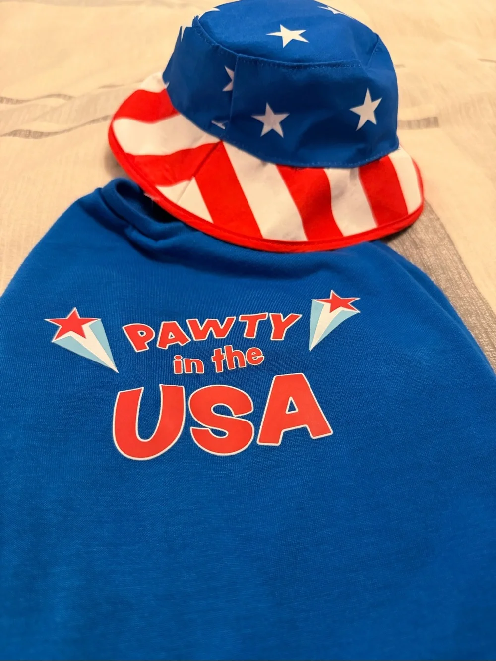 Top Paw Blue 'Pawty in the USA' Dog Tee with Patriotic Bucket Hat